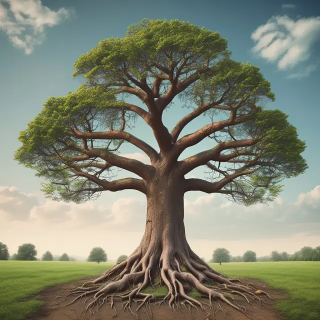 Image: A metamorphosing tree transitions from being rooted in mutual insurance to a stock-insurance company with branches extending as stocks and roots bearing policyholders