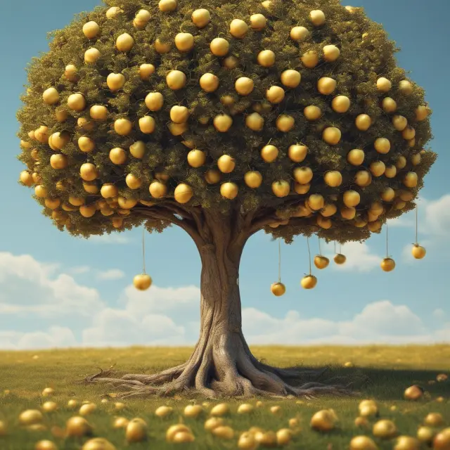 Tree with golden apples symbolizes mutual companies, where policyholders own shares and enjoy profit distribution