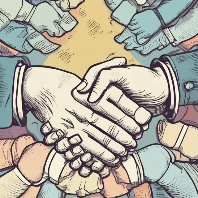 Two hands in a mutual grip, representing the partnership between business and clients in mutual companies, accompanied by stocks and currency illustrating profit sharing