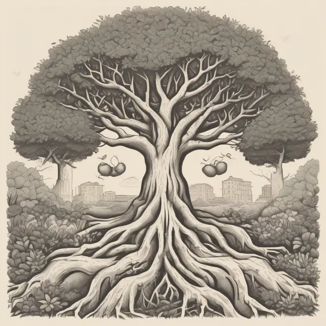 Mutual garden intertwined with roots representing mutual companies and a tree bearing fruit for joint stock corporations