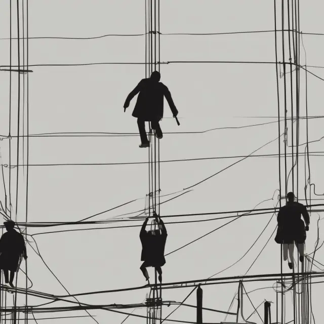 An agile mutual company balancing on a rope while adhering to regulations, bracing for changing markets, and facing competition from rivals