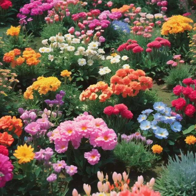 A vibrant garden filled with diverse mutual fund flowers symbolizing various investment strategies. Each label represents a unique approach to generate returns.