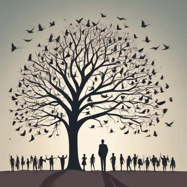 A fund manager leads a diverse group of birds representing investors, flying towards a blooming tree symbolizing a successful mutual fund