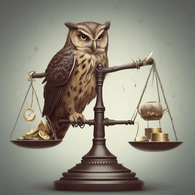 An wise owl using a balance scale to calculate mutual fund returns while indices swirl around as feathers, symbolizing the importance of benchmarking against market indices.