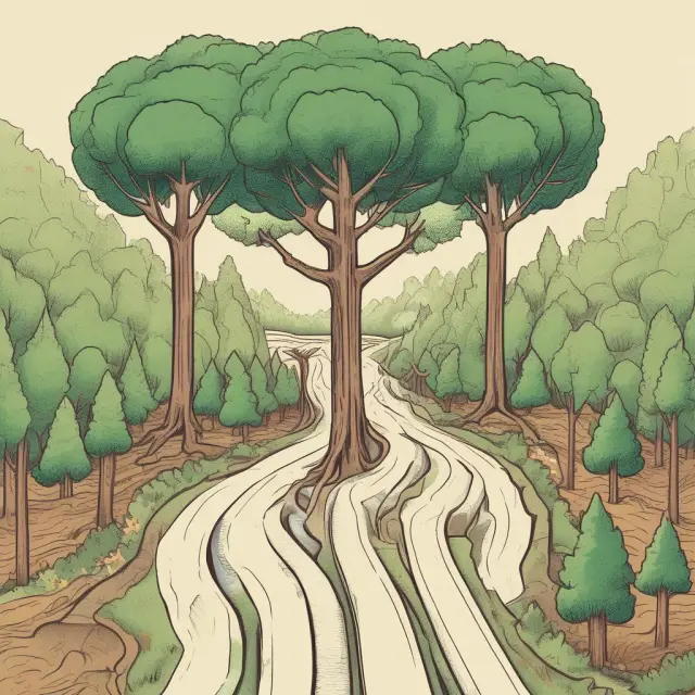 Fork in the road illustrating opportunity cost and mutually exclusive investment decisions, with two trees symbolizing potential projects growing towards their respective returns.