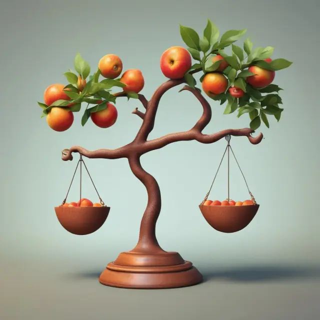 A scale balances two branching trees, each laden with fruits representing potential projects. The company must choose one to invest in.
