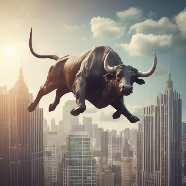 Image of a bull flying high above a stack of financial charts representing capital investments, signifying the potential for high market value added