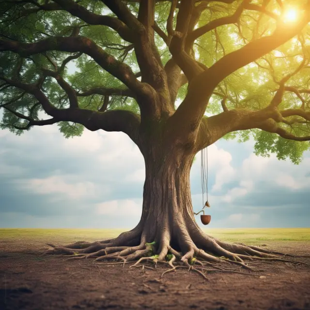 Tree symbolizing company growth, with branches representing shareholder value; roots anchored in management and governance