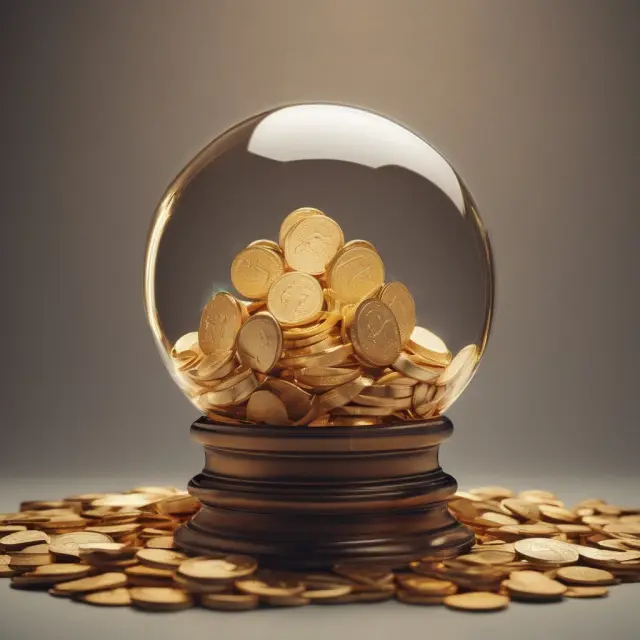 A crystal ball filled with golden coins, illustrating Market Value Added (MVA), which measures the difference between a company