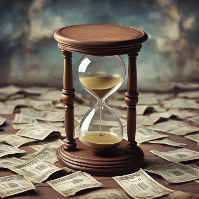 A time-traveling hourglass pours electronic payments into a digital sea, symbolizing Nacha