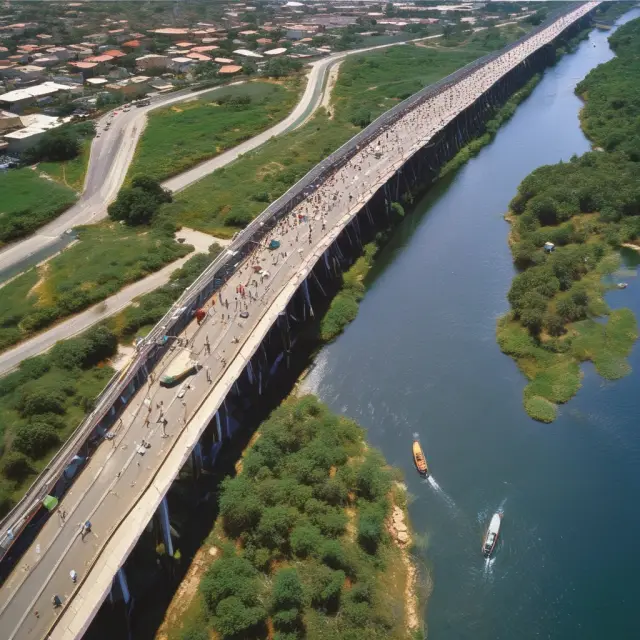 Bridge symbolizing economic exchange between Mexico (before NAFTA) and the United States (post-NAFTA), with people flowing in both directions, representing migration patterns.