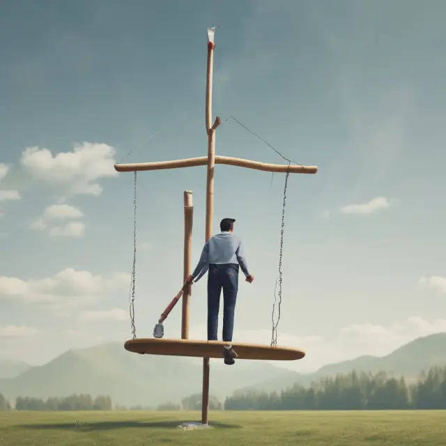 An investor balances a seesaw representing ITM and OTM options while an implied volatility pendulum swings above, highlighting their relationship and impact on naked call strategies