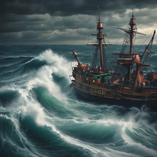 A sailor on a boat manages his sails amidst stormy waves, with stop-loss markers, an ascending price chart, and a hand offering a call option contract symbolizing exercise prices and assignment