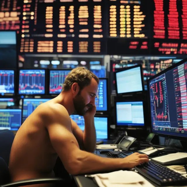 A bearish investor writing naked calls amidst stock tickers, with weights symbolizing potential loss balanced by collected premiums