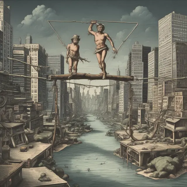 A trader on a tightrope balances selling naked call and put options, with the underlying assets shown below