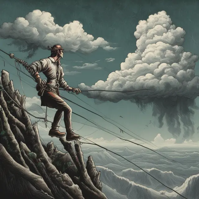 Tightrope walker represents naked option seller, stormy market symbolizes potential losses, high price signifies substantial rewards.