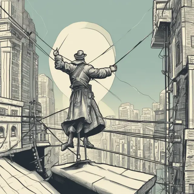 Trader on a wire between selling an uncovered call option vs. a covered call option, representing the risk-reward balance of naked calls.