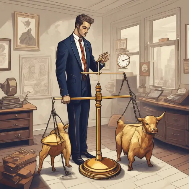 Trader evaluating naked call (bull) and put (bear) options on a golden scale, illustrating their risky but potentially profitable nature.