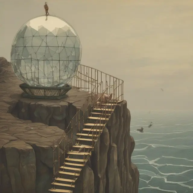 A person balancing on a cliff edge, deciding between climbing the golden ladder of risks or securing a safety net (margin), with a crystal ball showing potential stock prices