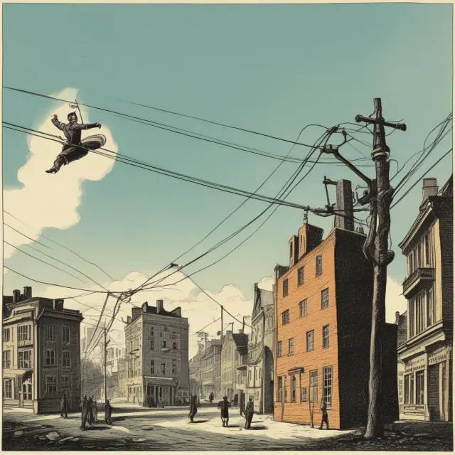 An experienced tightrope walker selling a put option, balancing on a rope with a ticking time bomb as collateral, emphasizing the high-risk nature of naked puts