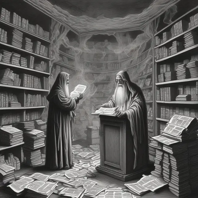 Trader selling a ghostly share in the marketplace while searching for it among financial documents, illustrating the controversial investment strategy of naked shorting.