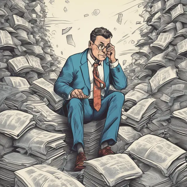 An anxious short seller scanning through piles of failing-to-deliver reports, symbolizing the search for elusive borrowed shares
