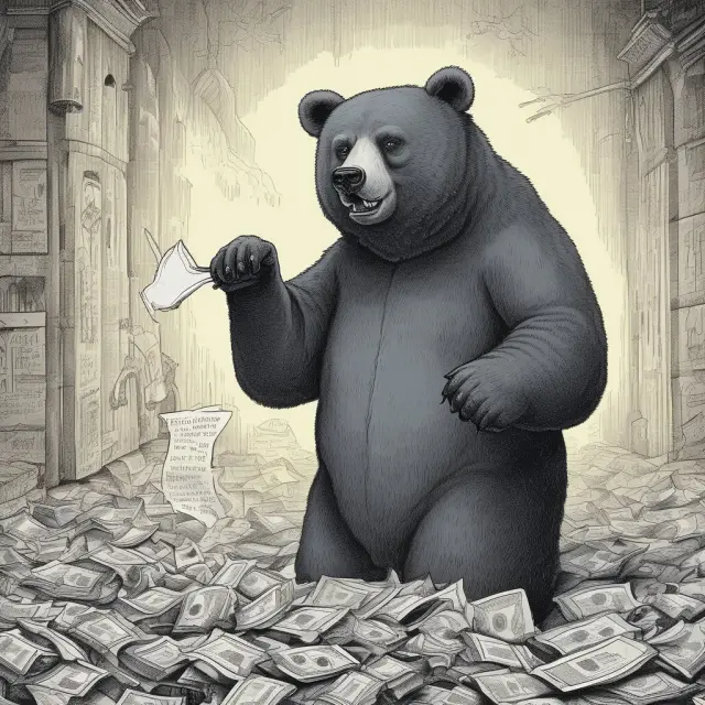 An ethereal bear engaging in naked short selling during the 2008 financial crisis, surrounded by distressed securities and ghostly price charts