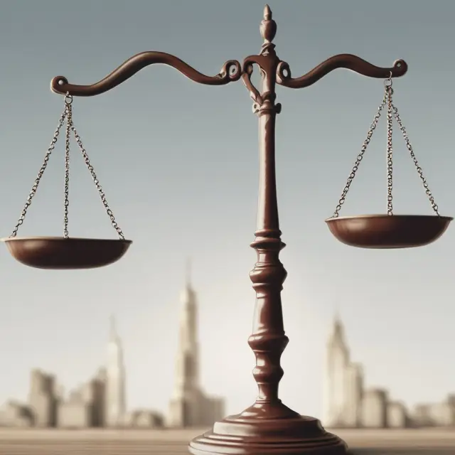 A set of scales held by the figure of Justice, balanced between two sides representing regulations and naked short selling practices