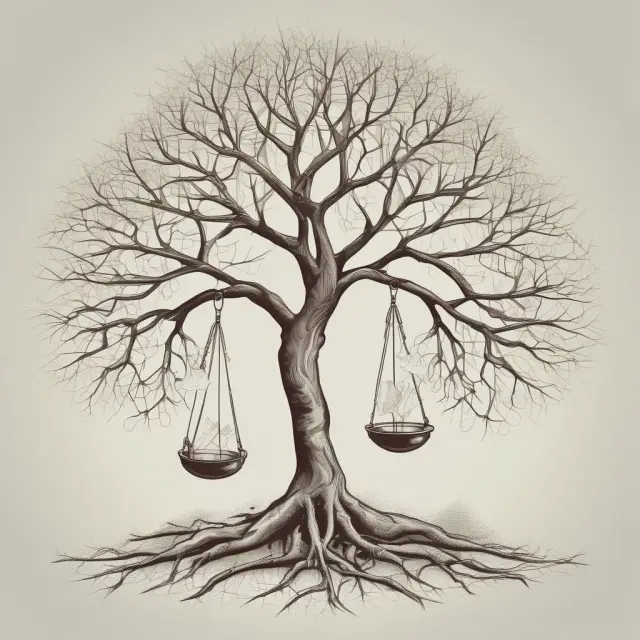 An illustration of a tree symbolizing per stirpes distribution (roots and branches interconnected) versus a balance scale depicting per capita distribution.