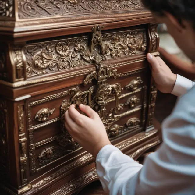 A homeowner carefully choosing specific perils from a beautifully crafted treasure chest, symbolizing the customization of a named perils insurance policy