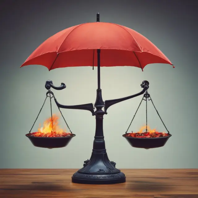 Visualization of Named Perils and All Risks Insurance: one policy represented by a scale balanced with fire; the other by an umbrella protecting various perils