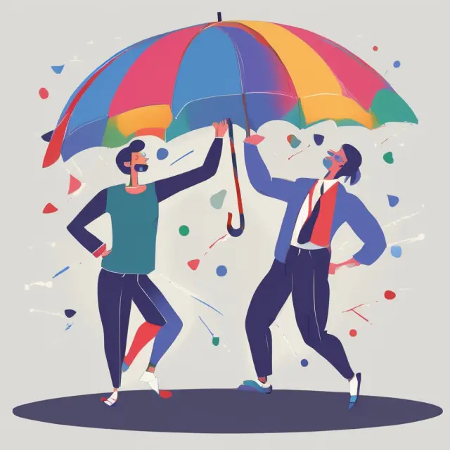 Two figures - employer and employee - dancing under a shared umbrella labeled