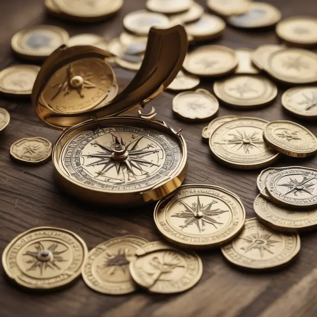 Golden coins symbolizing REIT returns, a compass representing guidance from Nareit
