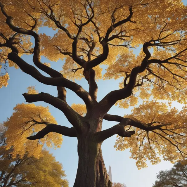 A golden tree with REIT labels growing in the heart of Washington D.C., surrounded by iconic monuments, symbolizing Nareit