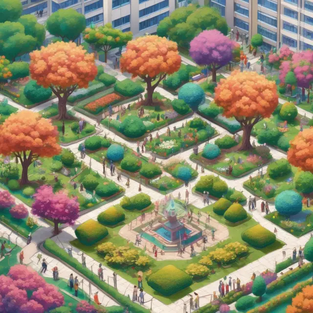 A vibrant garden with REIT flowers, networking branches, and a knowledge fountain symbolizing Nareit