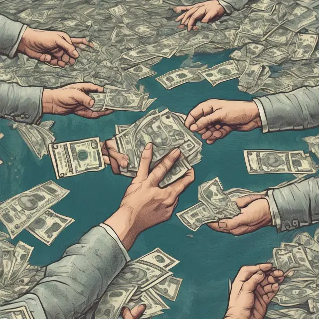 Currency flowing between hands and through digital channels on a riverbank, representing the accessibility and importance of narrow money in transactions