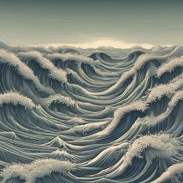Two intertwining waves representing narrow (currency in hand) and broad (long-term deposits) monies converging