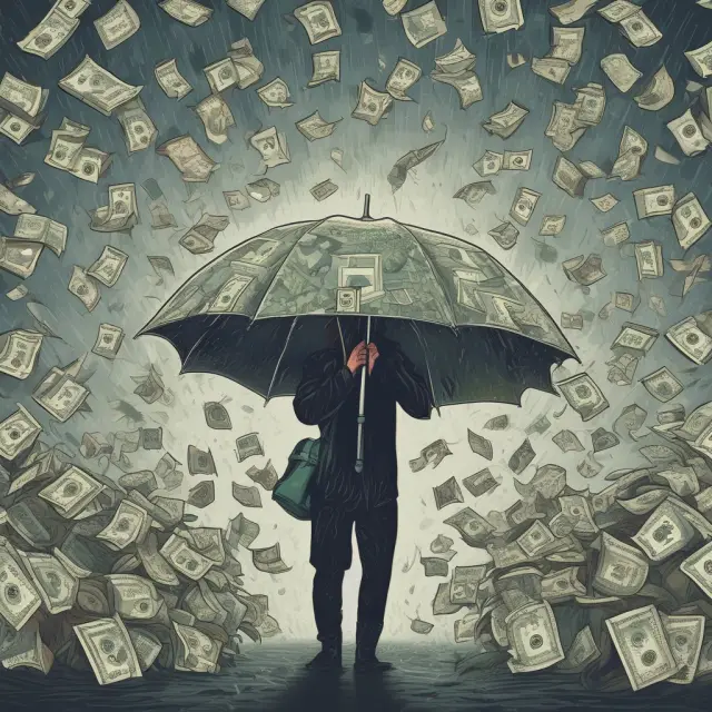 Image: A lush, green landscape drenched by a currency rainstorm, emphasizing the essential role of narrow money (M1) in facilitating economic growth and transactions.