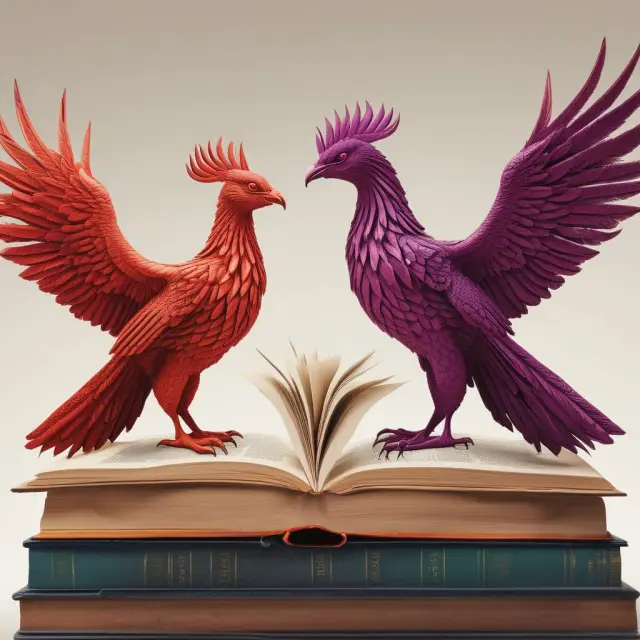 Two mythical creatures symbolizing NASD and FINRA rising above a stack of overlapping books, representing their shared history in evolving securities market regulations