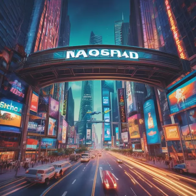 A sturdy bridge symbolizing the NASD connecting the past and future, with the colorful tapestry of NASDAQ