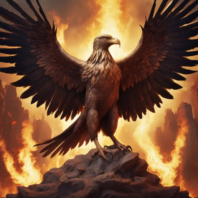 Phoenix rising above two eagles (NASD and NYSE) representing their merger and the creation of FINRA