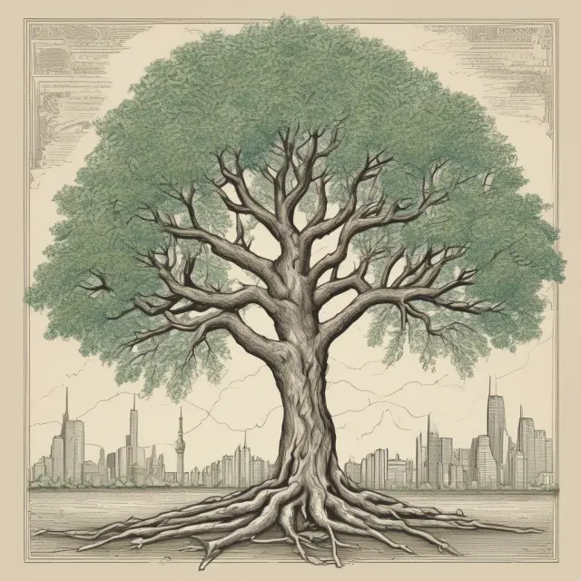 An ancient tree, symbolizing FINRA, bearing fruits of knowledge through educational seminars and resources for securities professionals.