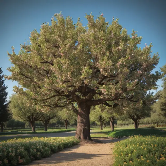 A tree laden with technology companies, symbolizing growth within the Nasdaq 100 Index. A vibrant flower bed represents consumer services sectors nearby.