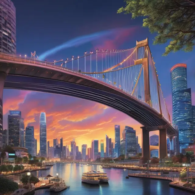 A rainbow bridge connecting pillars labeled Technology, Consumer Services, Healthcare, Industrials, and Telecommunications represents the diverse industries within the Nasdaq 100 Index