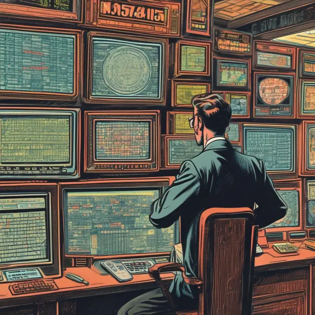 Time traveler witnessing evolution of Nasdaq from traditional specialist trading desks to modern electronic screens
