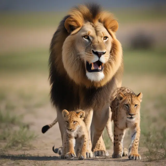A dominant strategy lion standing tall, asserting its rule over a game board, contrasted by Nash equilibrium cheetahs forming a balanced interdependent pattern.