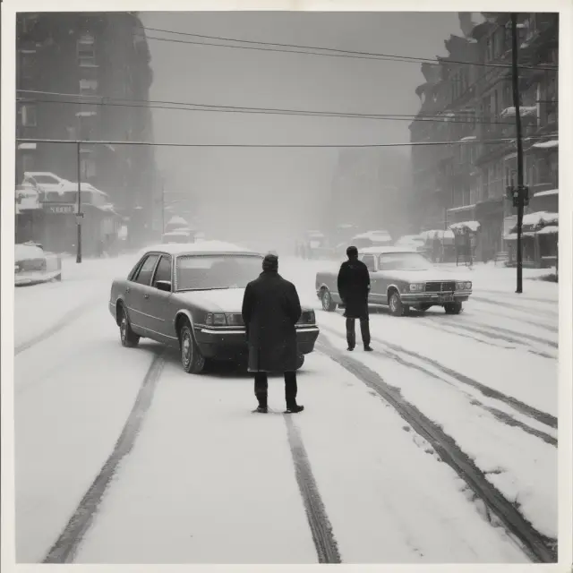 Two drivers contemplating Nash equilibrium at a snowy intersection, deciding on strategies based on opponent
