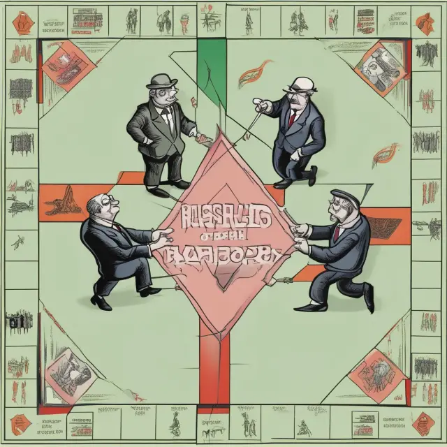 Businesspeople competing in bidding wars with monopoly tokens representing various companies, illustrating the application of Nash equilibrium in modern business.