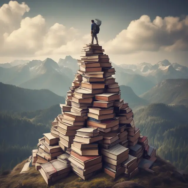 Scholar climbing a mountain symbolizing education and experience, reaching for the CVA certification at the summit
