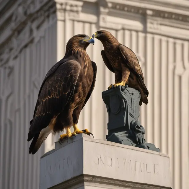 A golden eagle symbolizing national banks delivers call reports to an all-knowing owl, sitting atop a sturdy Federal Reserve pillar